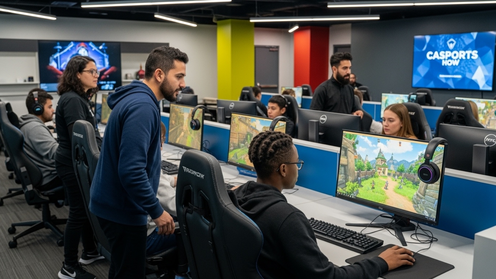 esports academy students learning at computer workstations